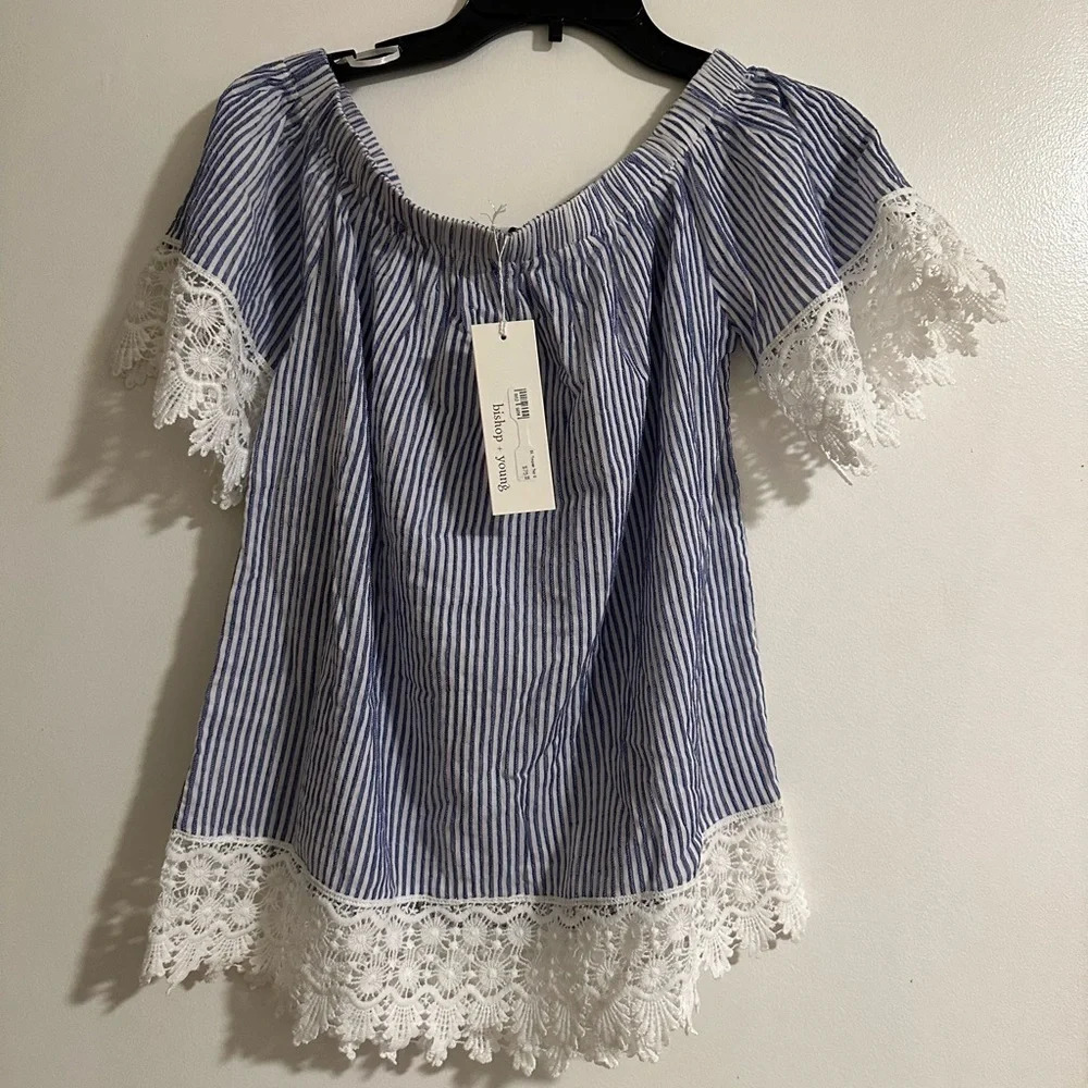 NWT Bishop & Young Small Blue and White Striped Off the Shoulder Top